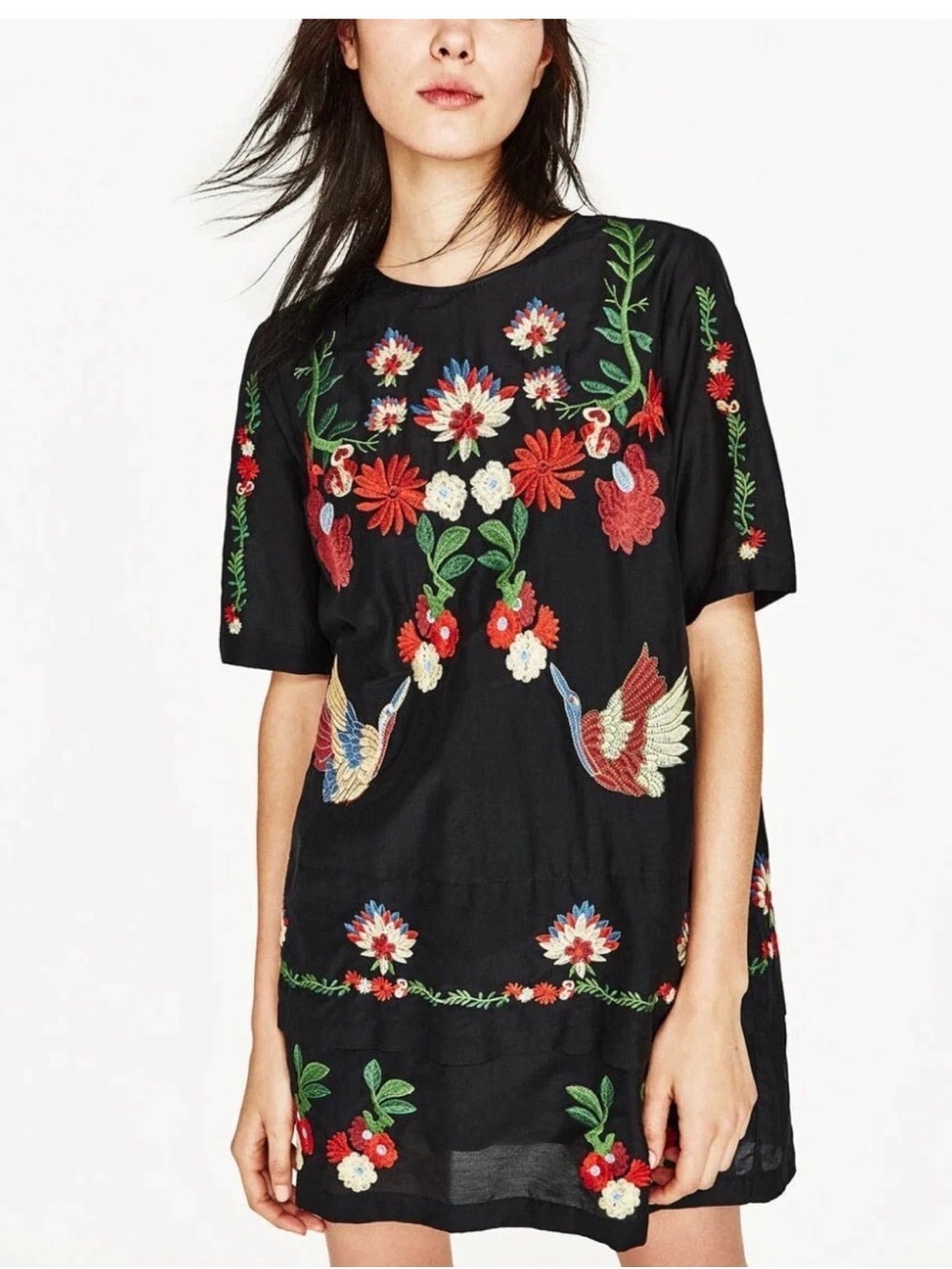 Zara Black Tunic with Multicolor Floral & Bird Embroidery